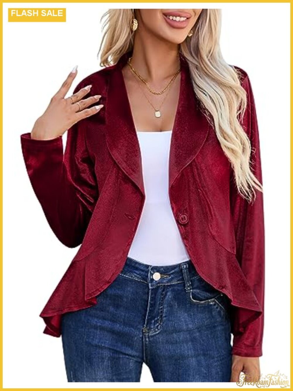 Womens Velvet Blazer Shawl Collar Open Front Ruffle Hem Slim Fit Work Office